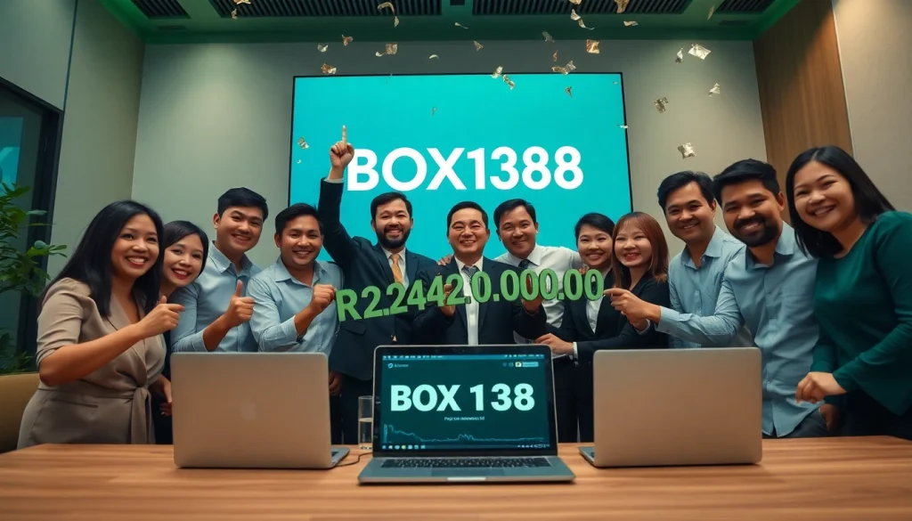 Successful business team celebrating a BOX138 financial withdrawal of Rp 2.424.000,00 in a modern office.