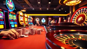 Engage in thrilling gameplay at XN88 BET, featuring luxurious casino tables and vibrant slot machines.