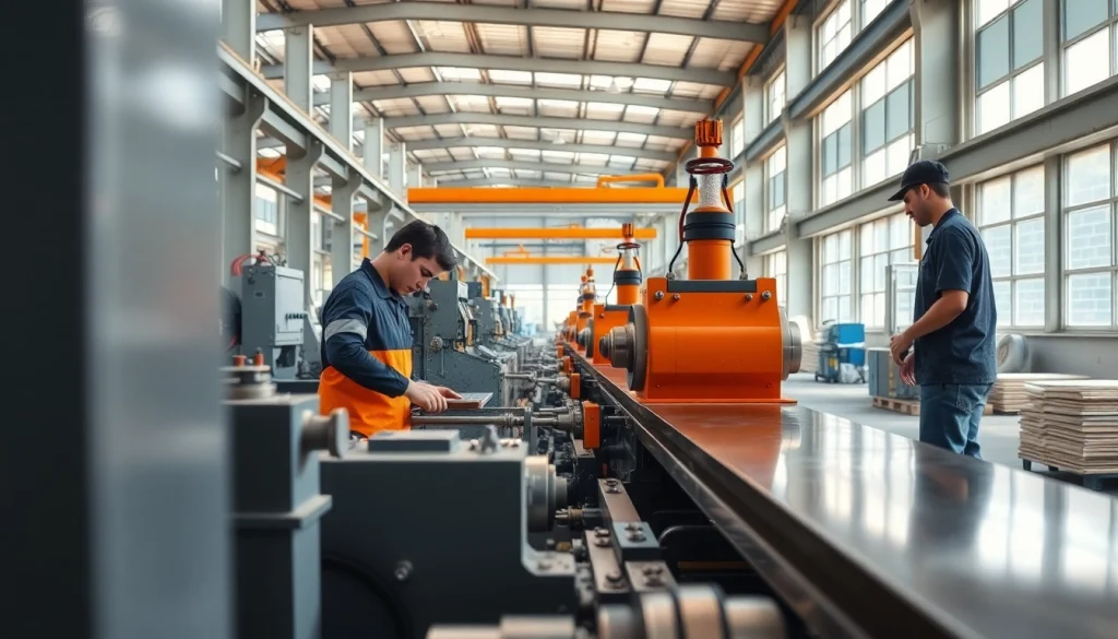 Plate rolling machinery demonstrating precision in a busy manufacturing setting.