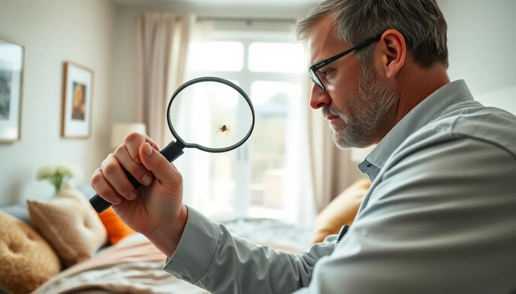 Inspecting for bed bugs at https://affordablebedbugexterminators.com with a pest control technician in action.