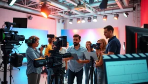 Team of creative professionals at a Video Production Company Phoenix collaborating on a project in a modern studio.