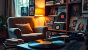 Showcase of lp records on a shelf with a cozy armchair and turntable, inviting music lovers.