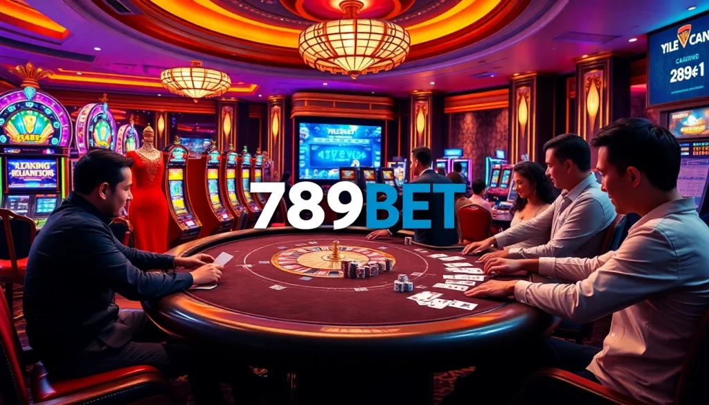 Visualizing a thrilling gaming experience at 789BET’s luxurious casino with vibrant tables and eager players.
