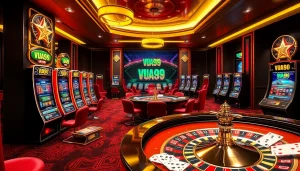 VUA99 online betting platform featured among vibrant casino tables and equipment.