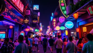 Vibrant 베트남밤문화 scene with colorful nightlife, bars, and lively crowds enjoying the ambiance of Vietnam's streets.