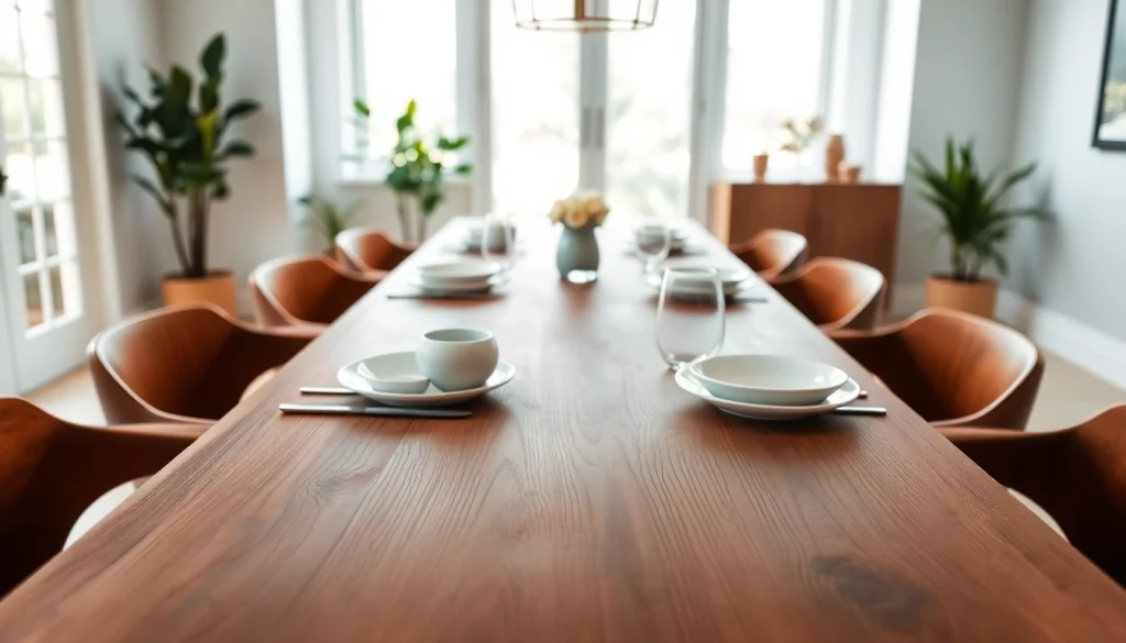 Stylish solid wood tables with rich textures and inviting ambiance in a dining setting.