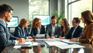 Team of accountants reviewing SMSF tax return documents in a modern office