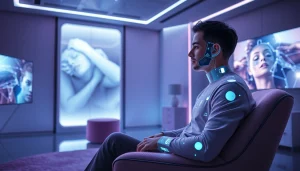 Engaging user interaction with an AI sex companion in a modern, inviting space.