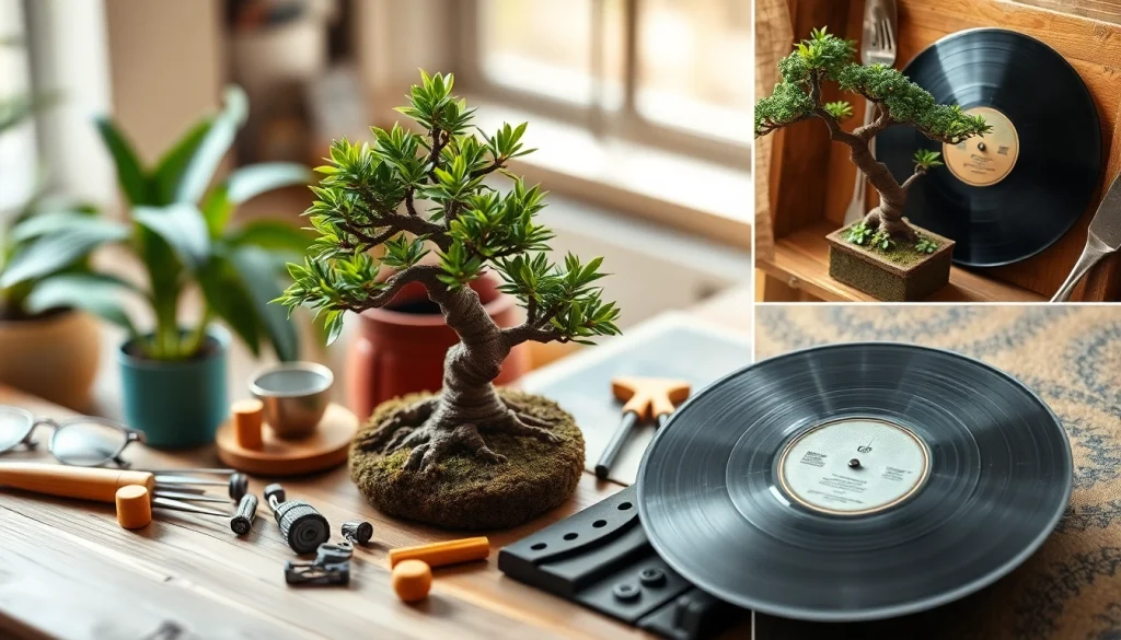 Niche hobbies like model building and bonsai cultivation represented in a warm, vibrant collage.