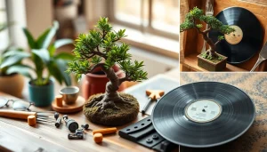 Niche hobbies like model building and bonsai cultivation represented in a warm, vibrant collage.