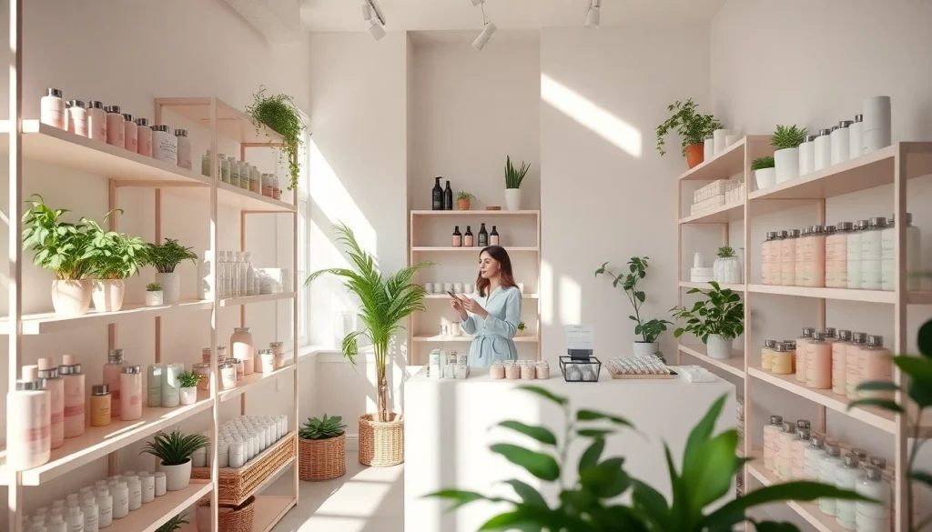 K-beauty-produkter i Sverige, vackert uppställda i en mysig skandinavisk skönhetsbutik med naturligt ljus.