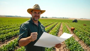 Engaging discussion on agriculture law with a farmer in a vibrant field.