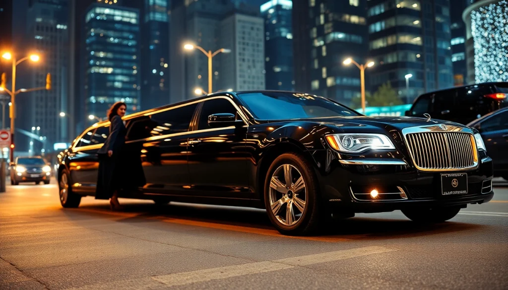 Experience a luxurious limousine service with a sleek black vehicle in a vibrant city setting.