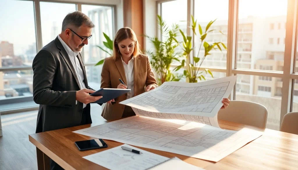 Visualize town planners collaborating at https://2020group.co.za with detailed zoning maps and a bright office.