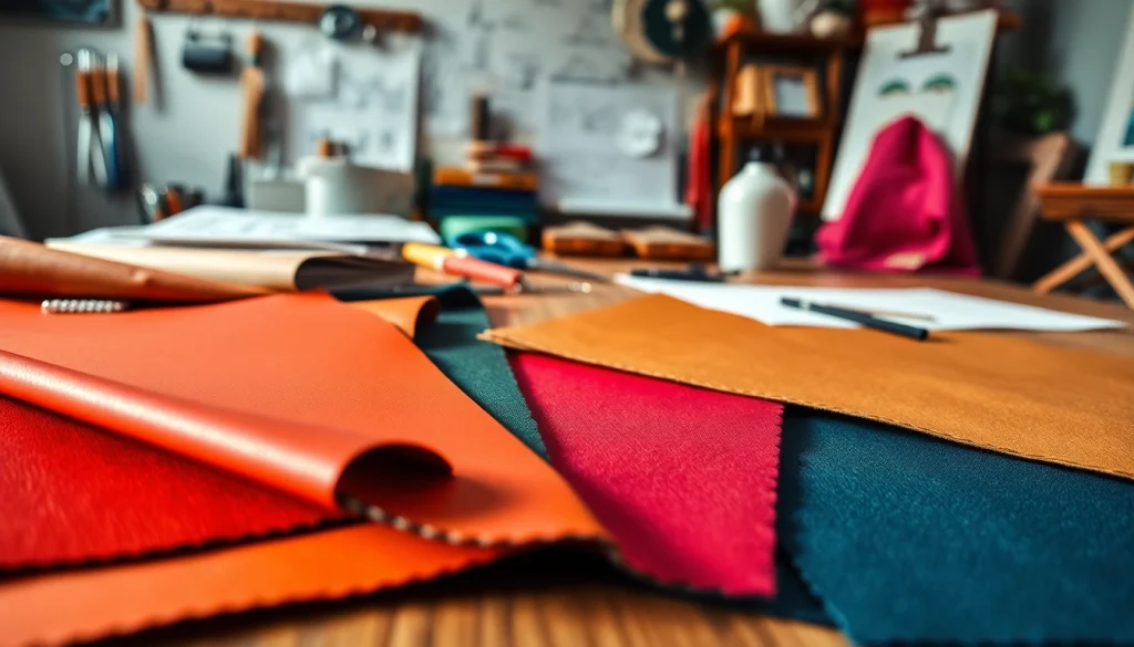 Aanbieding van kunst leer materialen op een houten tafel met veelzijdige texturen.