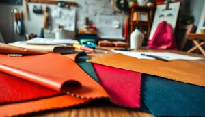 Aanbieding van kunst leer materialen op een houten tafel met veelzijdige texturen.