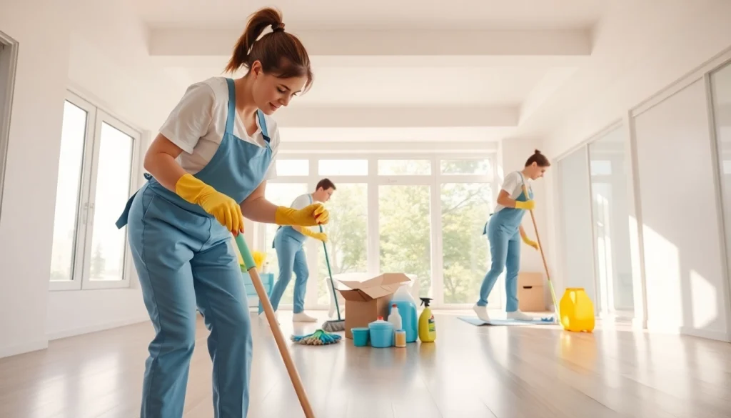 Efficient move out cleaning in a bright apartment showcasing a professional cleaning team at work.