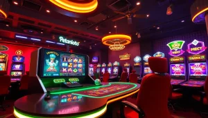 Menampilkan suasana bermain petanitoto yang energik di ruang permainan online yang modern.