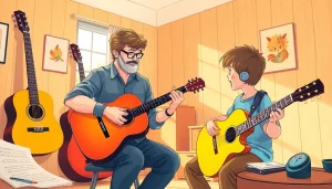 Engage in guitar lessons with https://guitarlessons.co.uk, featuring a passionate teacher and enthusiastic student.