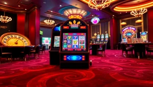 Experience excitement with Slot Online in this vibrant casino scene featuring elegant slot machines and gaming elements.