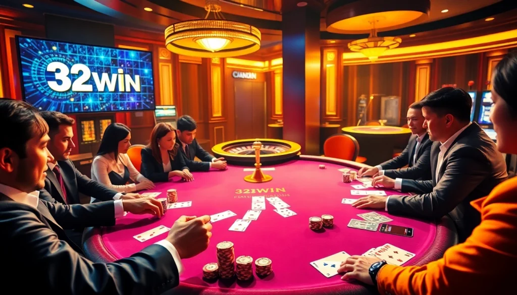 Experience the excitement of gambling with 32WIN at a luxurious casino table featuring vibrant poker chips and cards.