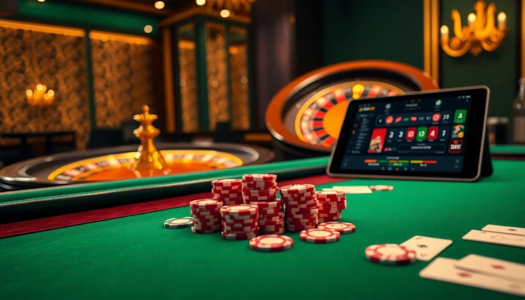 TẢI AF88 and engage in thrilling poker action at a luxury casino with vibrant chips and cards.