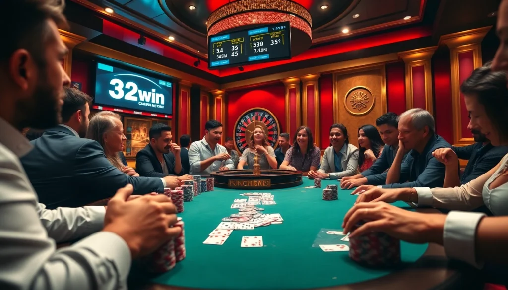 Exciting gamblers at a poker table with colorful chips, showcasing 32win gaming.