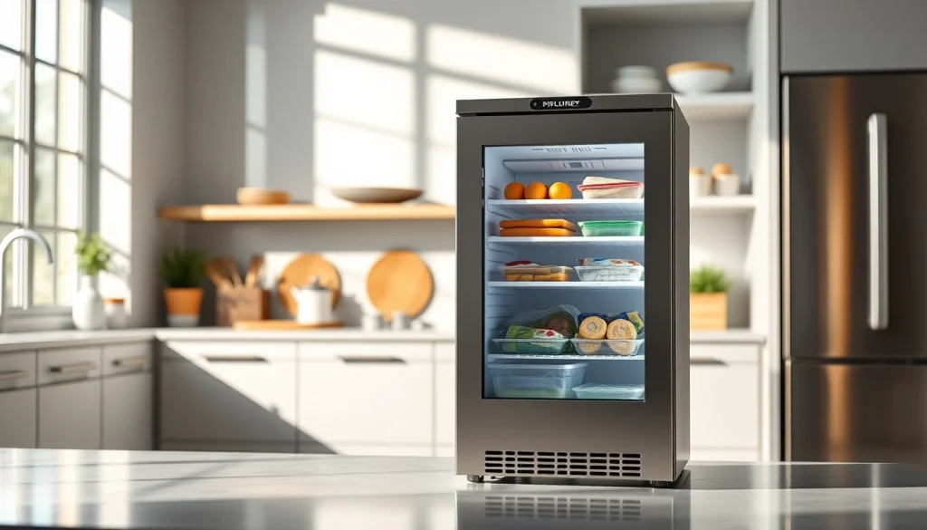 Showcase a mini freezer with a stainless steel finish in a bright kitchen.