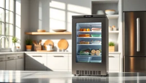 Showcase a mini freezer with a stainless steel finish in a bright kitchen.
