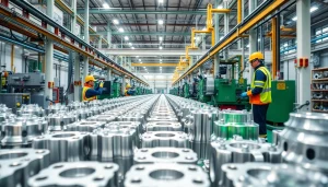 Aluminum chromating Malaysia process in a modern diecasting facility with workers and machinery.