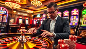 Birutoto players engaging with vibrant slot machines and roulette, surrounded by poker chips.