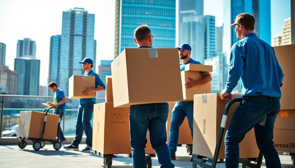 Efficient moving company Vancouver team transporting boxes, embodying professionalism and teamwork in action.