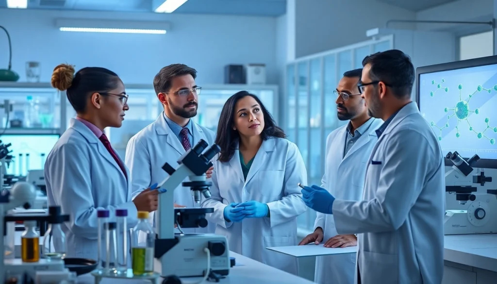 Research on WIN55 in a modern lab with scientists discussing cannabinoids.