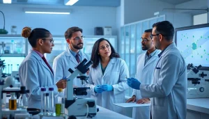 Research on WIN55 in a modern lab with scientists discussing cannabinoids.