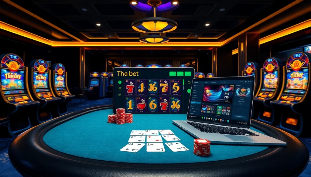 Experience thrilling online gambling at Tha bet with vibrant visuals of casino tables and gaming action.