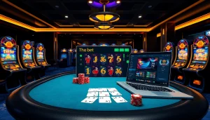 Experience thrilling online gambling at Tha bet with vibrant visuals of casino tables and gaming action.