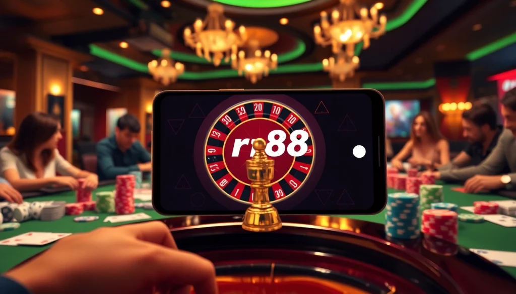 A thrilling gaming scene featuring rr88 logo with players around a roulette table, poker chips, and a mobile gambling interface.