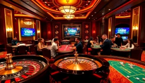 Players enjoying games at VN88 casino, featuring roulette and poker elements.