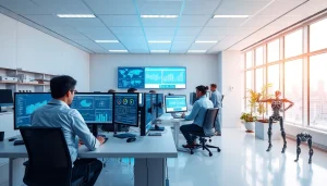 Showcase of advanced testing environments at https://benchbot.ai, highlighting teamwork and AI technology.