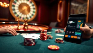 Betting action at a luxurious table featuring 188bet poker chips and cards in a vibrant casino setting.