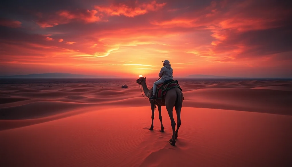 Agafay Desert camel ride during sunset with golden dunes and mountains.