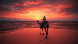 Agafay Desert camel ride during sunset with golden dunes and mountains.
