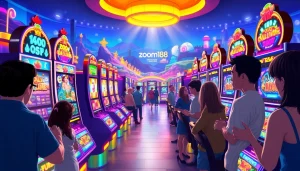 Menampilkan pemain yang bersenang-senang di platform zoom188 dengan mesin slot cerah yang berkilau.