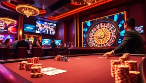 A vibrant casino scene showcasing players at a poker table with chips and cards, representing the thrill of 123b gambling.