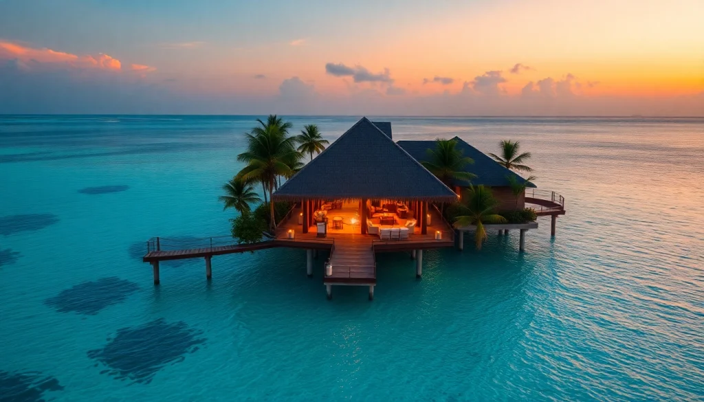 Experience luxury travel destinations with a stunning sunset over an opulent Maldives beach and overwater bungalow.