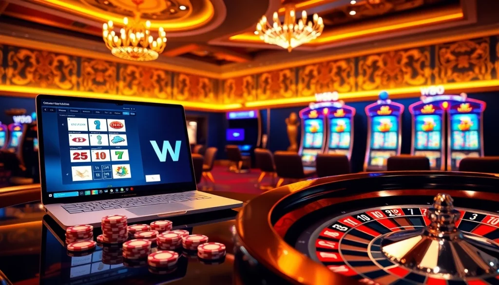 Tương tác với liên kết W88 trên giao diện cá cược sang trọng có chip poker và bánh xe roulette.