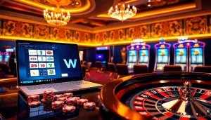 Tương tác với liên kết W88 trên giao diện cá cược sang trọng có chip poker và bánh xe roulette.