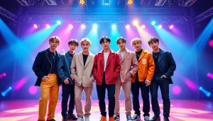 BTS members showcasing their unique styles and lively presence in a vibrant stage setting.