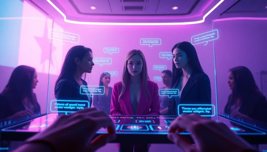 Engaging NSFW AI platform interface with interactive digital characters in a virtual chatroom setting.