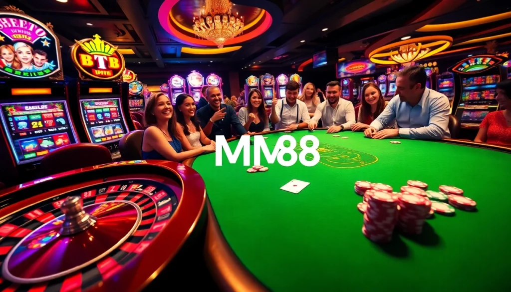 Exciting gaming action at MM88 casino table with poker chips and cards.